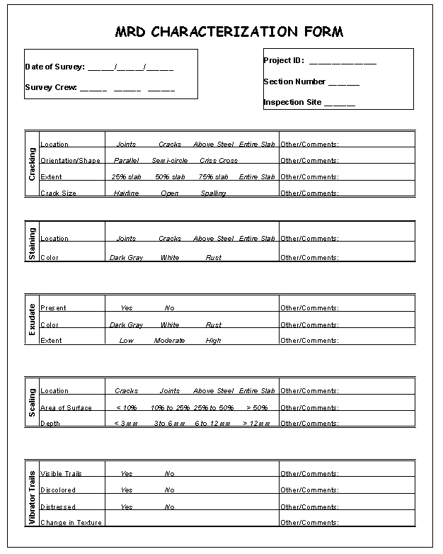 Figure I-11:  Graphic.  MRD characterization form.  This form is used to categorize the MRD in terms of its cracking pattern including location, shape, and size.  Separate spaces are provided for different types of MRD and space is provided at the top of the page to record general project information.