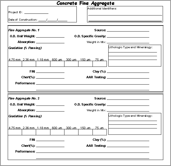 Figure I-5:  Graphic.  Concrete fine aggregate information form. This form is for recording information specifically about the concrete fine aggregate. There are three sections. At the top is a section for general project information. This is followed by a section for information on the first fine aggregate used with space to indicate the unit weight, absorption, gradation, specific gravity, performance, etc. The third section is the same as the second and is needed only if two fine aggregates are used for the project.