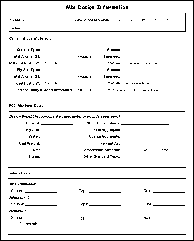 Graphic. Concrete mixture design information form.  This form is used to identify PCC mix design information and has four sections to input the following information: Project ID, details about the cementitious materials, PCC mixture design specifications, and admixture sources, types, and rates.