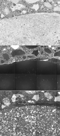  Figure 3-66:  Photographs.  Petrographic micrograph of core CA-058-141-001E showing thin section micrographs of ASR gel deposit in crack along the felsic volcanic aggregate.  This figure is comprised of three micrographs, one analyzed using transmitted plane polarized light, another using the epifluorescent mode, and another using transmitted cross polarized light.  The images are magnified 48 times.  All three images show the contact line between an aggregate particle and the paste.  ASR gel can be seen in all three images in the crack along the contact line.  The same deposit was analyzed with the SEM to collect quantitative chemical information about the gel.