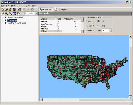 Figure 84.  Screen Shot.  Geography screen for Hiperpav II analysis.  Here, geography is highlighted, which allows the user to pick a location of interest, either from the map or from a scroll down menu.