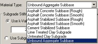 Figure 91.  Screen Shot.  Available subbase types or subgrade conditions.  A continuation screen from figure 90.   Screen shot shows the available subbase type or subgrade conditions in Hiperpav II, which are Asphalt Concrete Subbase (Rough), Asphalt Concrete Subbase (Smooth), Asphalt Stabilized Subbase (Rough), Asphalt Stabilized Subbase (Smooth), Cement Stabilized Subbase, Lime Treated Clay Subgrade, Untreated Clay Subgrade, and Unbound Aggregate Subbase.