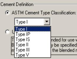 Figure 93.  Screen Shot.  Available cement types in Hiperpav II.  A continuation of figure 92.  Screen shot shows available ASTM Cement Type Classification in Hiperpav II, which are Type I, Type IP, Type IS, Type II, Type III, Type V.