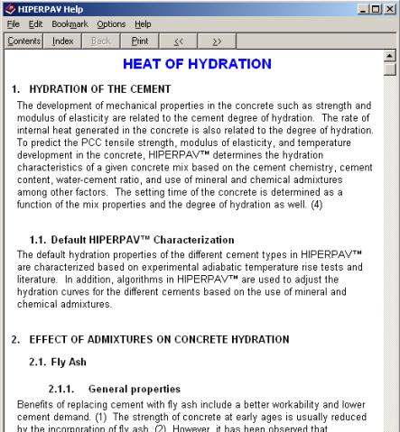 Figure 94.  Screen Shot.  Heat of hydration help screen in Hiperpav II.  The Hiperpav help screen is shown.  A continuation of figure 92.  Heat of Hydration is the main topic with section 1: Hydration of the Cement, subsection 1.1: Default Hiperpav Characterization; and section 2: Effect of Admixtures on Concrete Hydration, subsection 2.1: Fly Ash.