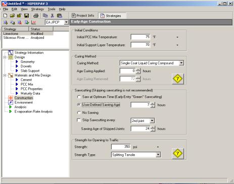 Figure 103.  Screen Shot.  Construction screen.  Here, construction is highlighted, which allows the user to enter information such as Initial Conditions: Initial PCC Mix Temperature, Initial Support Layer Temperature; Curing Method: Curing Method, Age Curing Applied, Age Curing Removed; Sawcutting: Saw at Optimum Time, User-Defined Sawing Age, No Sawing, Skip Sawcutting Intervals, Sawing Age of Skip Joints; Strength for Opening to Traffic: Strength, Strength Type.