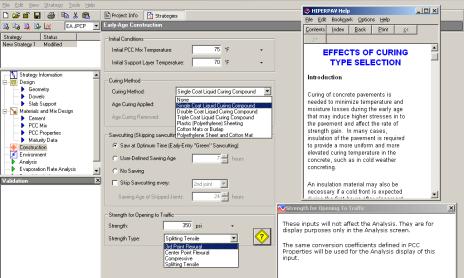 Figure 104.  Screen Shot.  Drop-down menus and help screens under construction inputs.  Screen shot is a continuation of figure 103 with the drop-down menus for curing method and strength type shown.  Also shown are the Hiperpav Help—Effect of Curing Type Selection screen and the Strength for Opening to Traffic screen.