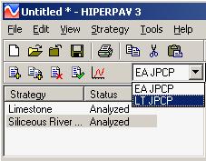 Figure 114.  Screen Shot.  Strategy type pulldown menu.  An untitled Hiperpav 3 screen is shown with the strategy type menu pulled down to allow a user to pick EA JPCP or LT JPCP.  LT JPCP is highlighted here.