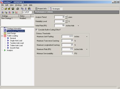 Figure 116.  Screen Shot.  Performance criteria screen for long-term JPCP analysis.  An untitled Hiperpav 3 screen is shown.  The strategies button on top is pushed, and performance parameters is highlighted, which allows the user to enter information such as Analysis Period, Reliability Level, and Initial Ride (IRI); a checkbox for “Considered Built-in Curling Effect;” Distress Thresholds: Maximum Joint Faulting, Maximum Transverse Cracking, Maximum Longitudinal Cracking, Maximum Ride (IRI), and Minimum Serviceability.