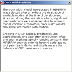 Figure 134. Screen Shot. Help icon under CRCP analysis screen. A continuation of figure 132.  Here, the help information is displayed when the user chooses the help icon. 