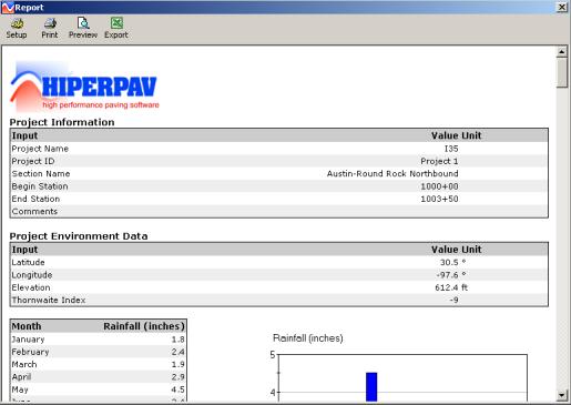 Figure 136. Screen Shot. Hiperpav II report screen.  Here, a report screen is shown with values for Project Information: Project Name, Project ID, Section Name, Begin Station, End Station, and Comments; and Project Environment Data: Latitude, Longitude, Elevation, Thornwaite Index. 