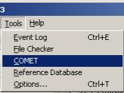 Figure 137. Screen Shot. Tools drop-down menu in Hiperpav II.  Here, tools is selected from the Hiperpav toolbar. The drop-down menu is shown and COMET is highlighted. Other options in the tools drop-down menu are Event Log, File Checker, Reference Database, and Options. 