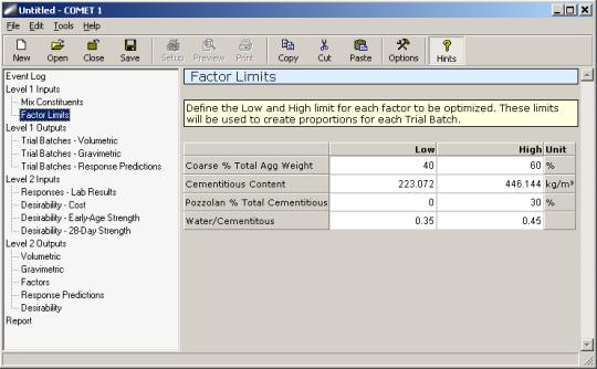 Figure 139. Screen Shot. Factor limits input screen in COMET.  Here, factor limits is highlighted, and users can define the low and high limits for Coarse Percent Total Aggregate Weight, Cementitious Content, Pozzolan Percent Total Cementitious, and Water/Cementitious. 