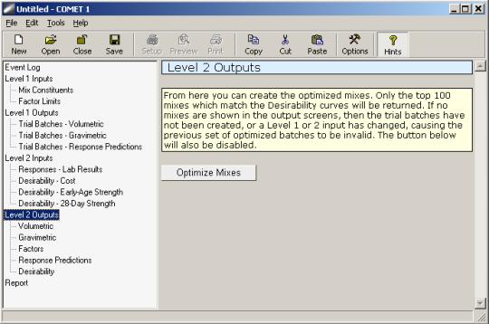 Figure 145. Screen Shot. Level 2 outputs—command to optimize mixes.  Here, Level 2 outputs is highlighted and an optimize mixes button is shown with a text box. The text informs the user that optimized mixes may be created, and only the top 100 mixes that match the desirability curve will be shown. 