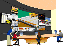 Track 2 Illustration. This illustration accompanies the text description of Track 2 and depicts a design conference, in which four designers are working around a table in front of computers. The designers are manipulating several variables in a paving project-materials, weather, structural requirements, pavement characteristics, subgrade and drainage-and can see the design implications of various scenarios projected on large screens in front of the table.
