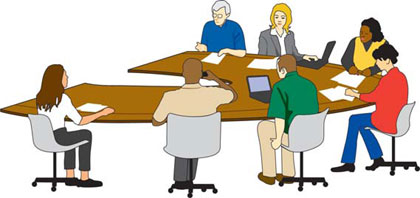 Figure 11. Illustration. Concrete pavement business systems and economics. This illustration depicts several contractors at a project bidding conference. In addition to a focus on materials and construction technologies, the CP Road Map drives research into new contracting options, warranty provisions, technology transfer systems, public-private partnerships, and economic models. 
