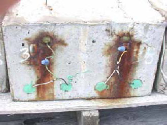 Figure 132. Slab #30 front, rear, and top views with specifications. Photos. (A) Slab number 30 front view shows the 30A label on the left and 30B on the right. The top bars show major cracks and corrosion that stains the concrete down to the lower bars. Wires connect the top and bottom bars of 30B; the same is true for 30A. 