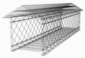 This computer simulation of a Town lattice truss shows the structure in an unloaded condition. Note the short transverse elements at the truss lattice intersections that depict the trunnel connectors.