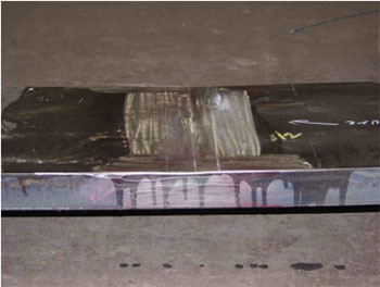The photo shows a side view of field specimen FG16D-TF1-BottF-FCM with the weld oriented vertically.