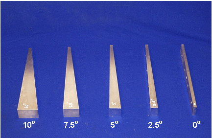 The photo shows a plan view of five angular wedges (0, 2.5, 5, 7.5, and 10 degrees). The angle of the wedge increases from the right side to the left side of the photo. Therefore, the 0-degree wedge is on the right, and the 10-degree wedge is on the left.