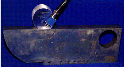 Figure 19. Photo. Sound entry point check: Photograph shows the transducer position on the IIW reference block.