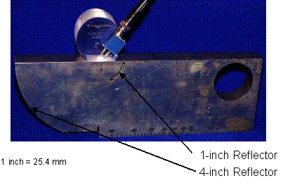 Figure 25. Photo. Distance calibration check: Photograph shows that the angle transducer is positioned on the IIW type I reference block so that the transducer's sound entry point aligns with the radius line of the 100-millimeter (4-inch) reflector.