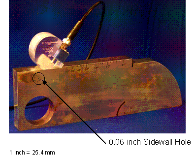 Figure 27. Photo. Amplitude, sensitivity, or reference-level calibration: Photograph shows that the angle transducer is positioned on the IIW type I reference block.