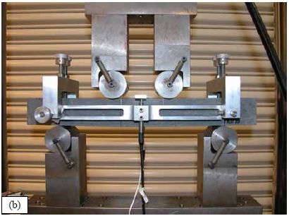 shows the prism flexural test setup for a 305-millimeter span. Both photos show 51-millimeter by 51-millimeter prisms being tested in four-point bending. Rollers are located at all four load points. The midspan displacement measurement attachment is also shown in the photos. 