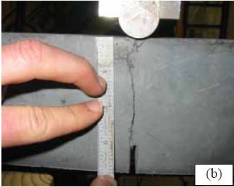 Prism M1P00 after (a) 86 millimeters (3.6 inches) and (b) 98 millimeters (3.8 inches) of crack extension. (a) shows the extension of a crack to 86 millimeters from the bottom of the prism. (b) shows the same prism after the crack has extended to 98 millimeters from the bottom of the prism. Recall that this prism is only 102 millimeters deep.