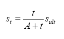 Equation. Shrinkage as a function of time after casting. Lowercase s subscript lowercase t equals the quantity lowercase t divided by the quantity uppercase A plus lowercase t end quantity end quantity times lowercase s subscript lowercase ult.