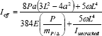 Figure 58. Equation. Relationship between the midspan vertical deflection of a girder and its effective moment of inertia. Uppercase I subscript eff equals the quantity 8 times uppercase P times lowercase a times the quantity 3 times uppercase L squared minus 4 times lowercase a squared end quantity plus 5 times omega times uppercase L raised to the fourth power end quantity divided by the quantity 384 times uppercase E times the quantity uppercase P divided by lowercase m subscript uppercase P divided by capital delta end quantity plus 5 times omega times uppercase L raised to the fourth power divided by uppercase I subscript uncracked end quantity.