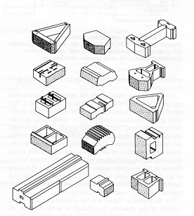Figure 3. Drawings. Sample sizes and shapes of SRW units for SRW systems (Bathurst, 1993). 15 various drawings of SRW sizes and shapes.