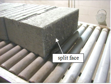 Figure 31. Photo. Split face of units. Picture shows the rough face of the split block with an arrow and caption stating split face.