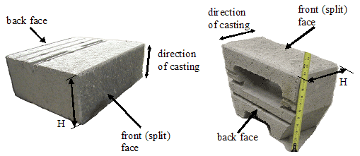 Figure 32. Photos. Definition of terms:  SRW units (or blocks). Arrows point to features that describe back face, front (split) face, and direction of casting.