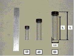 Figure 91. Photo. Temperature-monitored glass vials used to characterize freeze-thaw cycles and impact on water and saline solutions. The photo is of three vials measuring one diameter, 4 diameter, and 8 diameters.