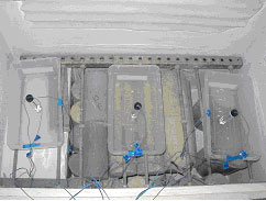 Figure 93. Photo. Vials in freezer. Three containers, each with one vial, are placed in the center of the container with thermocouples attached.