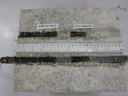 Figure 101. Photo. Lower right BB and bar trace of specimen 6-BCAT-304-2 subsequent to dissection. This is a photograph of a lower right BB and bar trace of specimen 6-BCAT-304-2 subsequent to dissection. Extensive corrosion is apparent.