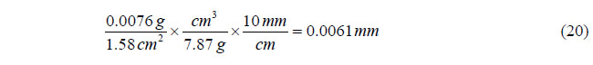 Equation 20. Convert corrosion mass loss to penetration. 0.0076 g divided by 1.58 cm squared times cm cubed divided by 7.87 g times 10 mm divided by cm equals 0.0061 mm.