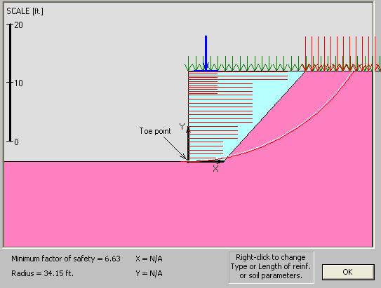 Software screenshot showing the critical slip surface (with a radius of 34.15 ft) result for a ReSSA run based on the Bowman Road Bridge project. The minimum factor of safety for global stability is 6.63.