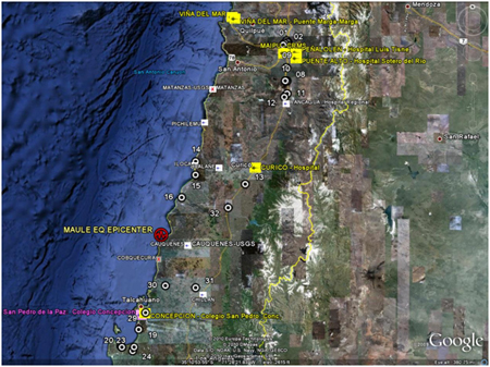 Map. Location of epicenter, seismic recording stations, and TIRT sites. Click here for more information.