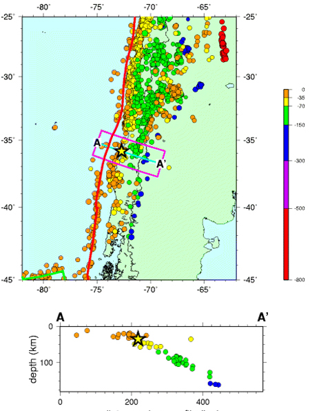 Illustration. Offshore Maule earthquake aftershock distribution with depth. Click here for more information.