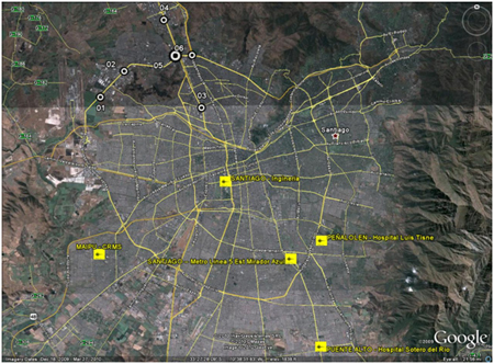 Map. Locations of ground motion sensors and structures visited by TIRT—Santiago vicinity. Click here for more information.