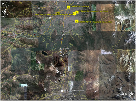 Map. Locations of ground motion sensors and structure visited by TIRT—Santiago to Rancagua. Click here for more information.
