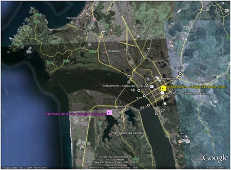 Map. Locations of ground motion sensors and structures visited by TIRT—Concepción vicinity. Click here for more information.