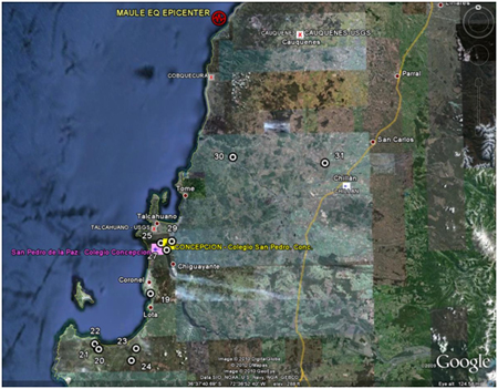 Map. Locations of ground motion sensors and structures visited by TIRT—Maule epicenter to Tubul vicinity. Click here for more information.