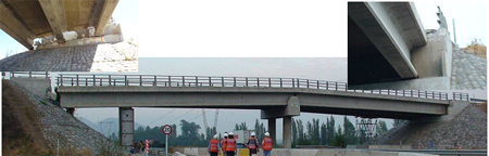 Photo. Las Mercedes bridge and girder unseating at abutments. Click here for more information.