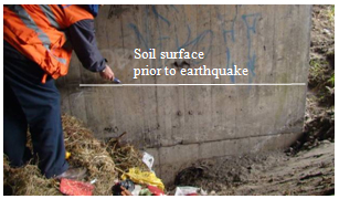 Photo. Soil surface on far side of undamaged column under approach to Juan Pablo II bridge. Click here for more information.