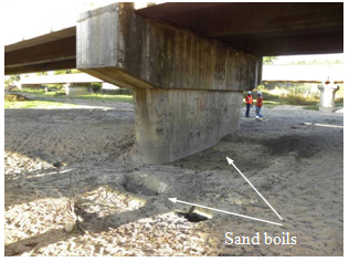 Photo. Sand boils close to pier under east Ramadillas bridge. Click here for more information.