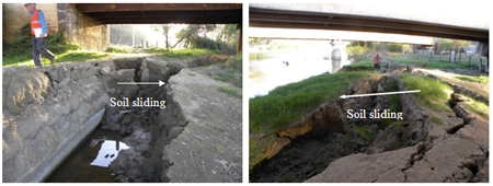 Photo. Block flow toward river due to liquefaction on south bank of Ramadillas bridges. Click here for more information.