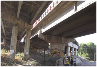 Photo. Three bridges (one demolished) at Route 5 overcrossing at Hospital. Click here for more information.
