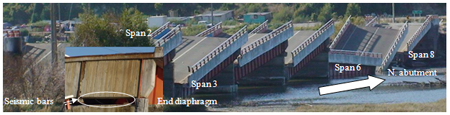Photo. Unseating at southern ends of each span of Tubul bridge. Click here for more information.